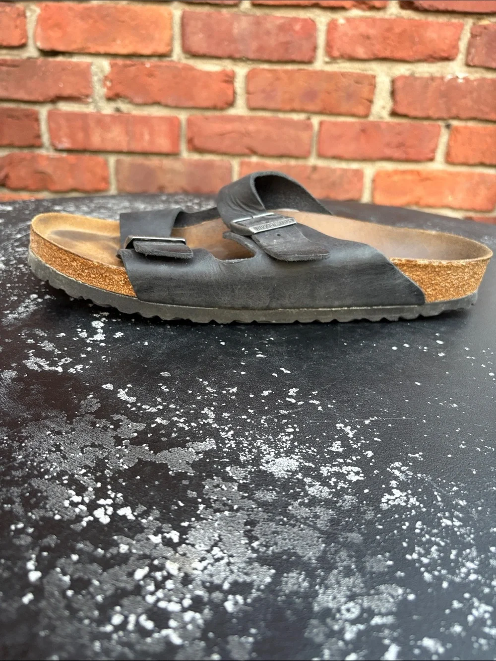 Men’s Arizona Birkenstock Black Suede Two-Strap Sandal. Size 46 / US 13-13.5
